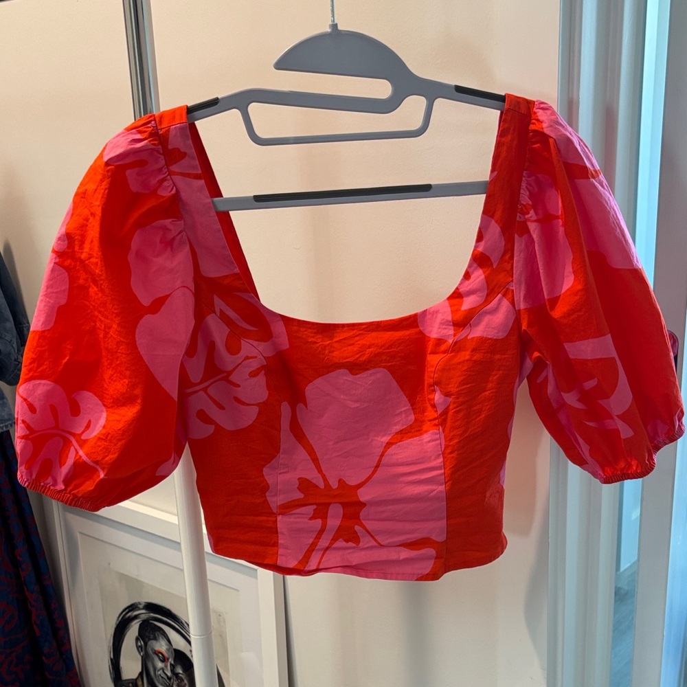 STAUD Puff Sleeve Hawaiian Print Crop Top NWOT